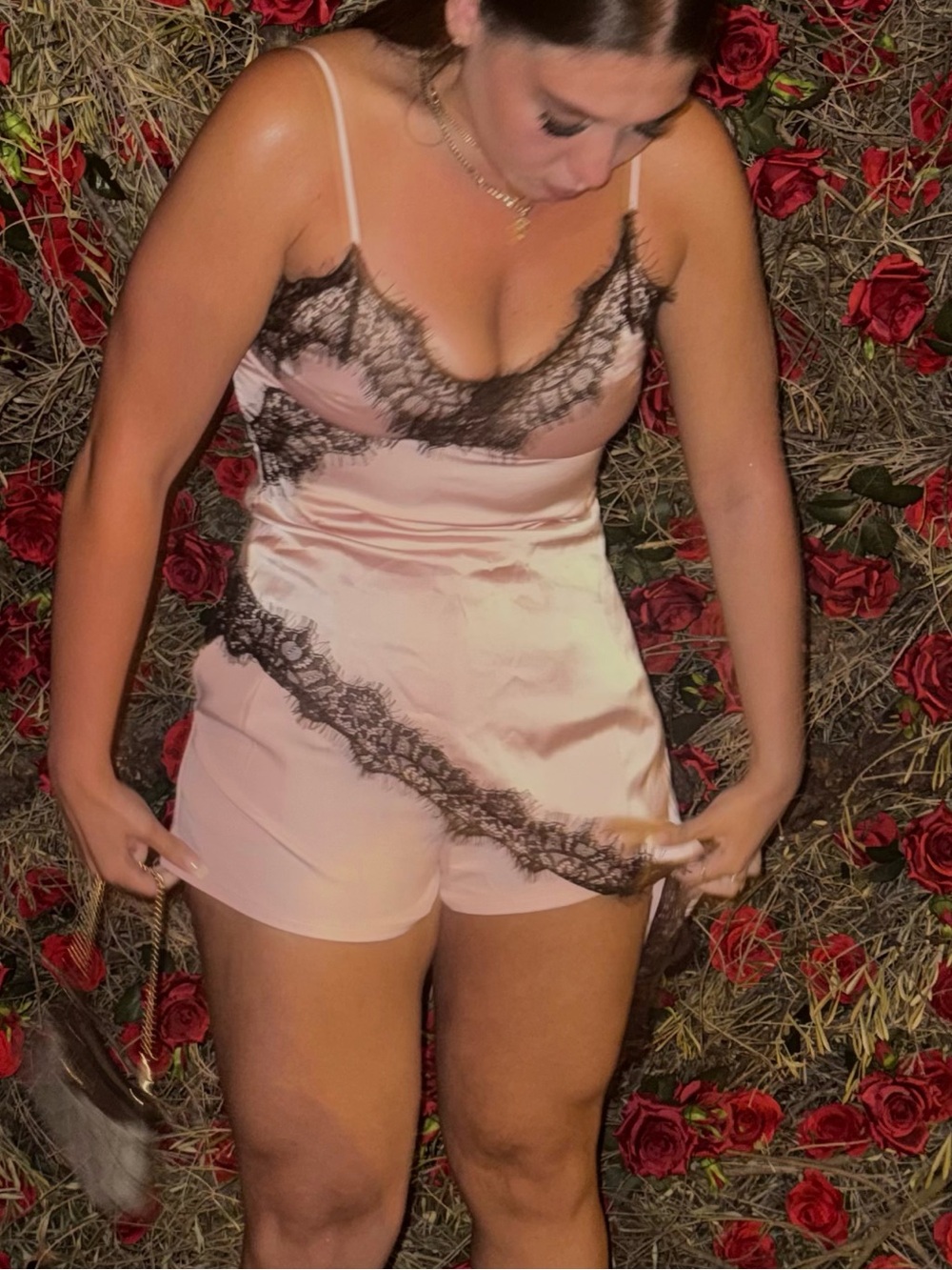 PrettyLittleThing Pink Satin Lace-Trim Cami Romper